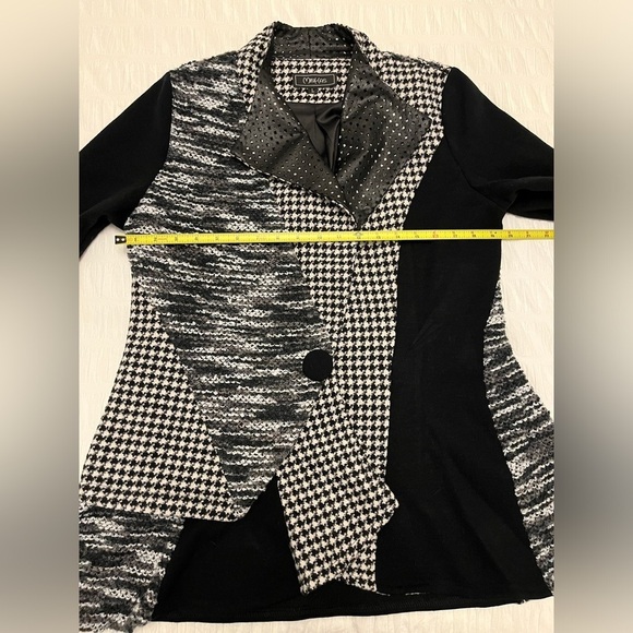 MINKAS Blazer Jacket Houndstooth Knit Faux Leather Lapel Patchwork Trapeze Cut - Picture 14 of 15